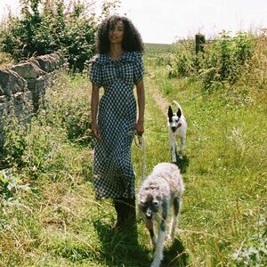 Checked Puff-Sleeve Maxi Dress in Navy/White